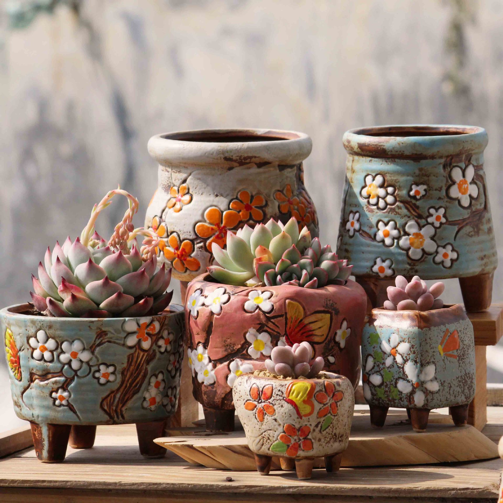 Korean hand-painted multi meat plant flower pot with foot thick pottery gas porcelain pot retro small old pile tub hand-creative flower pot