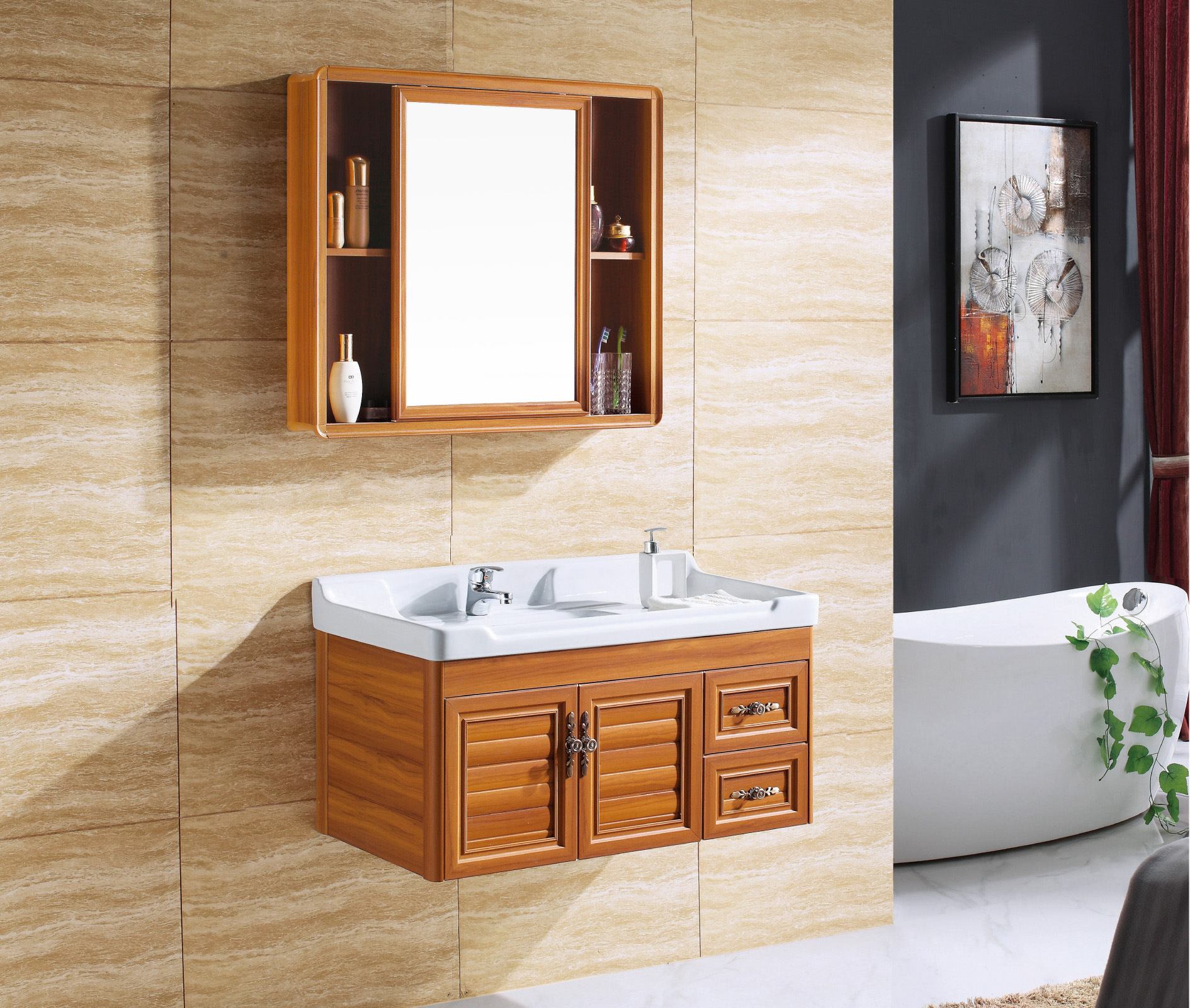 黄柚木纹太空铝浴室柜加厚铝合金镜柜组合洗手台盆小户型吊柜批发