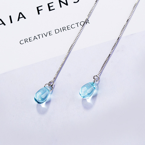 Earrings for Women - Korean Style Fashion, Mori-kei Blue Crystal Teardrop Earrings - Elegant Long Earrings