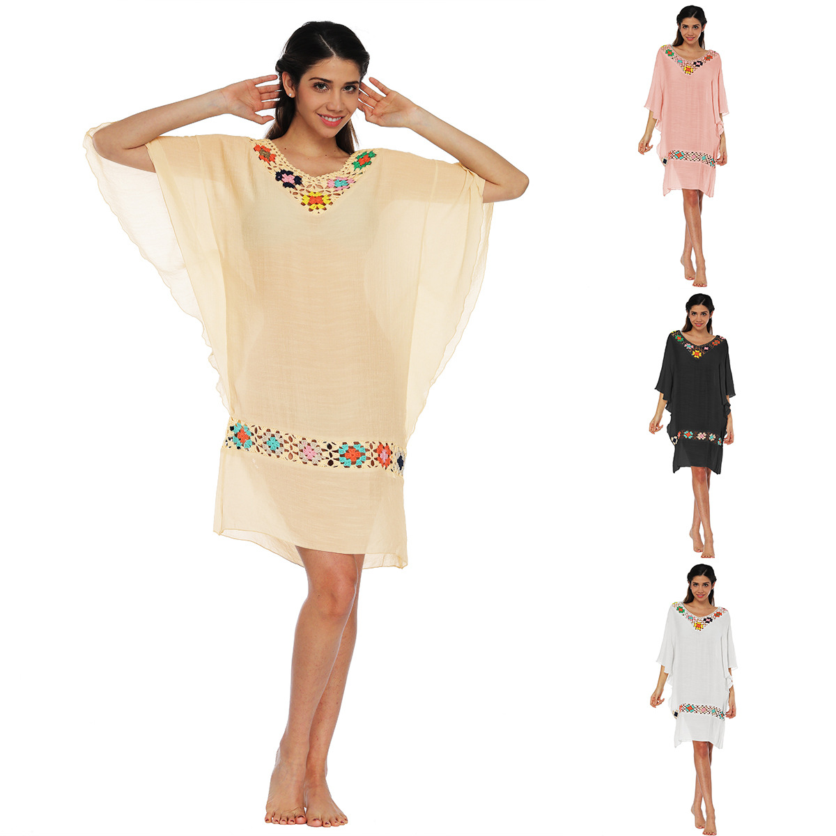 跨境女装  棉布拼接手钩花蝙蝠袖宽松短裙罩衣A1904