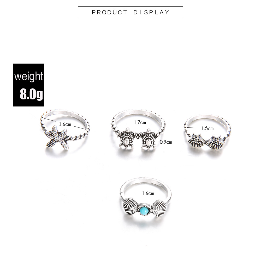 Inlay Design Beach Tortoise Starfish Shell Alloy Inlay Turquoise Women's Rings
