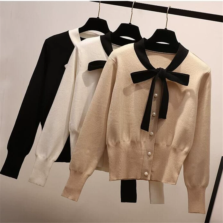 Autumn knitted cardigan with bow, short-length sweater jacket, high-waist, one size