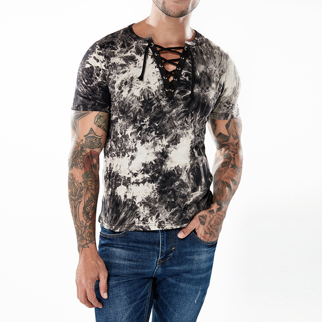 Men’s T-shirt trendy pattern rope belt V-collar fashionable 