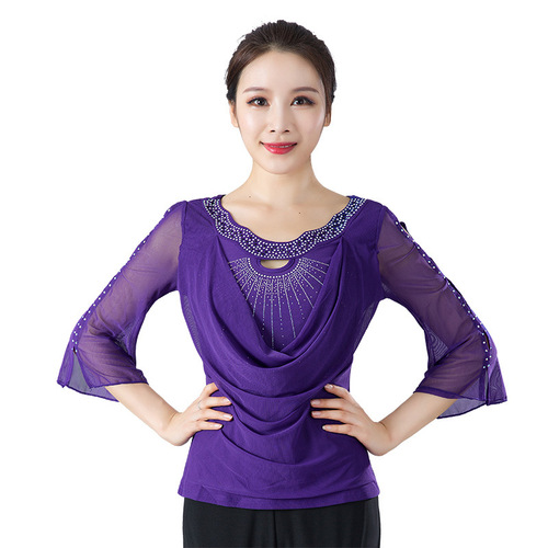 Red Black long sleeves rhinestones Ballroom latin dance tops Jitterba three-step ballroom dance blouses female modern dance latin waltz tango practice clothes