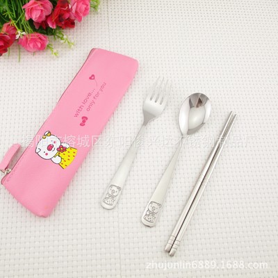Manufactor Promotion stainless steel Portable tableware Three Cartoon Cloth bag suit stainless steel Spoon fork