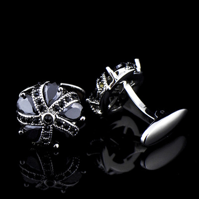 英博爪鑲黑色锆石皇冠水晶鑲鑽袖扣法式袖釘708cufflinks/250020