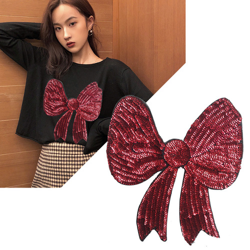 Large Glitter Embroidered Red Bow Fabric Patch Versatile Clothing Decorative Patch Sweatshirt Jacket Hole Repair Patch Accessory