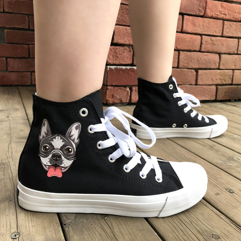 Wen 透氣板鞋子黑白色寵物狗波士頓犬中性學生高幫休閑帆布運動鞋