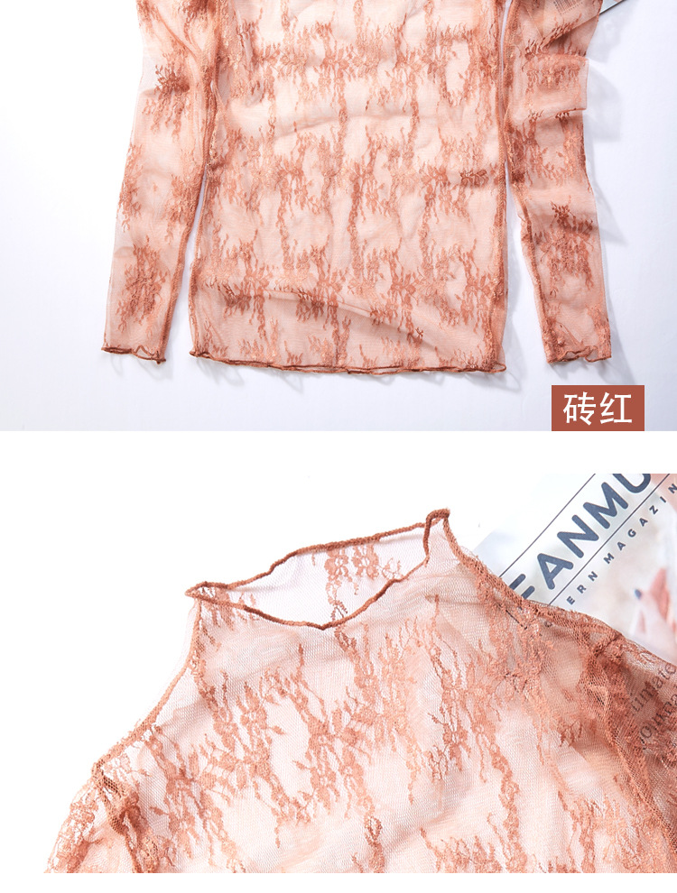 Super fairy-like innerwear lace base shirt for women 2020 new long-sleeved sexy cut-out mesh top semi-high neck lace shirt pic 18