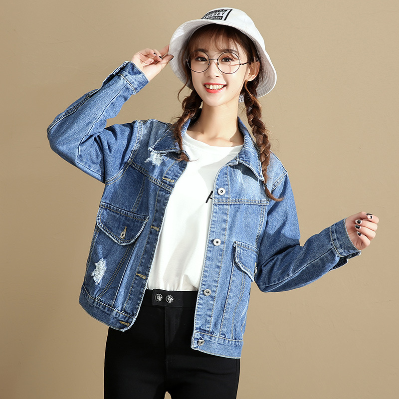 时尚女士牛仔外套女2018春秋新款学生磨破复古宽松百搭长袖上衣