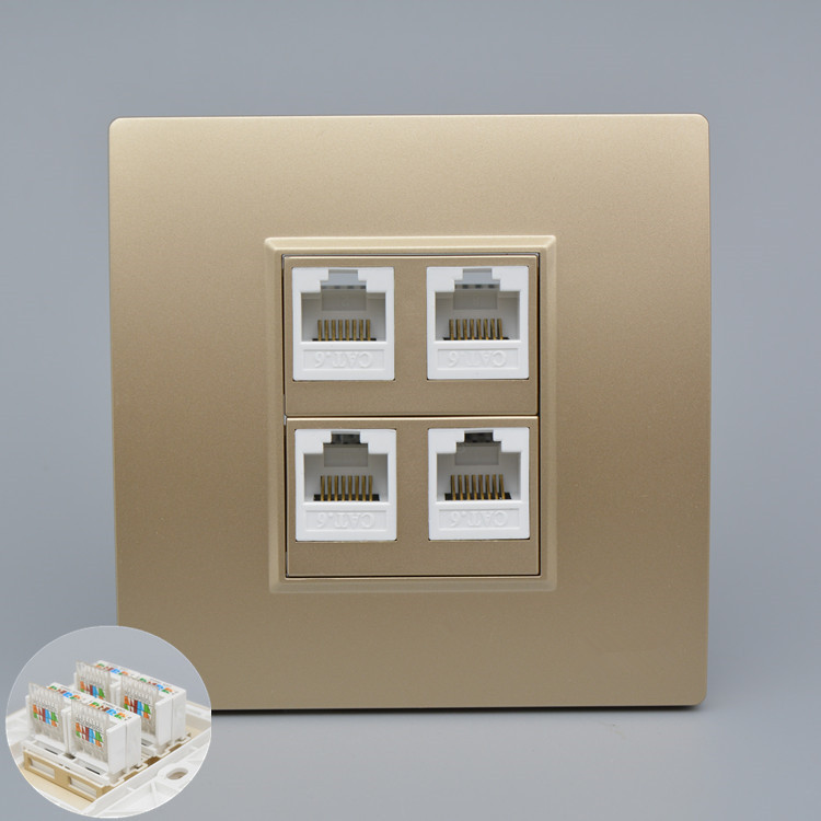 香槟色86型4口千兆电脑插座面板 CAT6四位六类网络网线口插座模块
