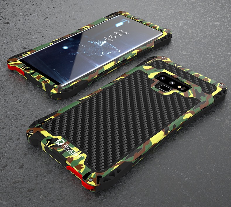 R-Just Amira Heavy Duty Dirtproof Shockproof Rainproof Aluminum Metal Bumper Carbon Fiber Back Cover Case for Samsung Galaxy Note 9