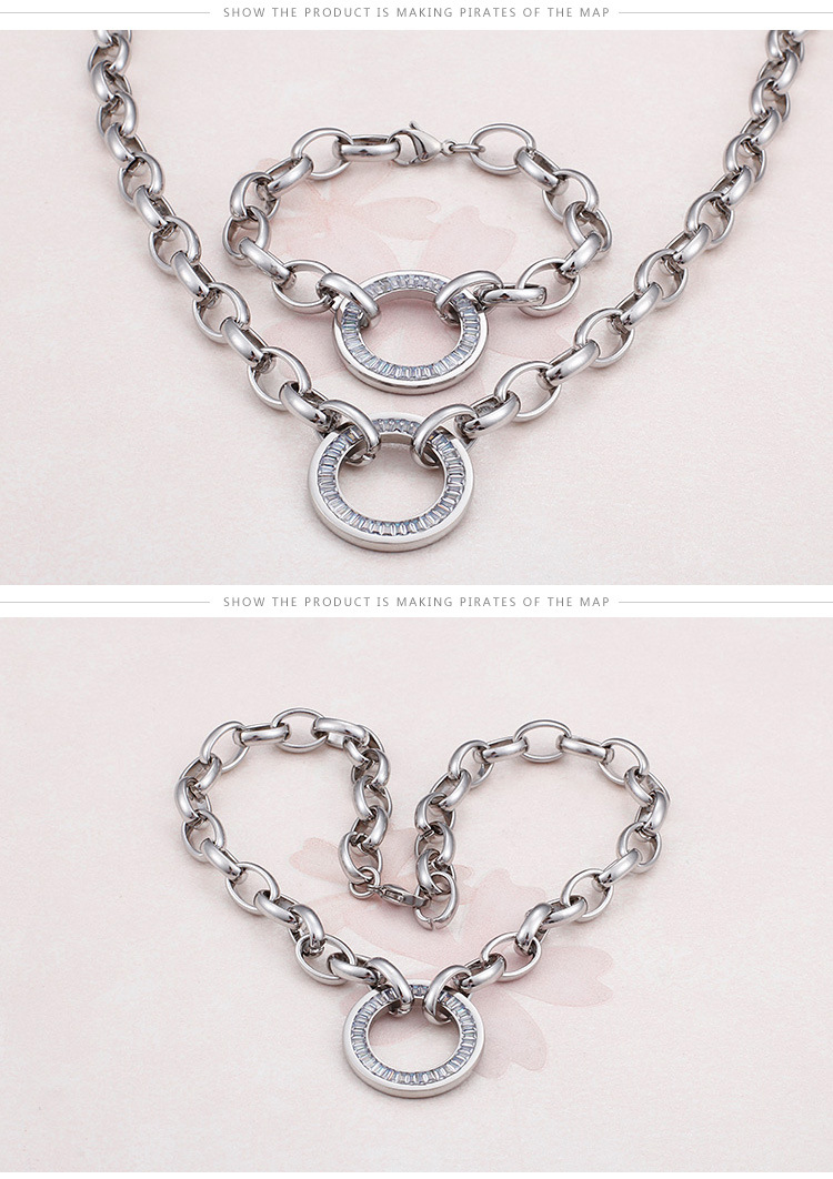 round inlaid diamond bracelet necklaces stainless steel set