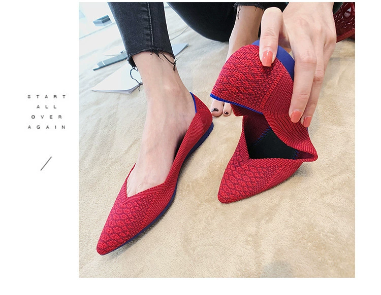 Brand Women's Flat Shoes Ladies Knit Pointed Shoes Casual Ballet Shoes Soft Pregnant Shoes Shallow Loafers Femme Ballerine 35-40