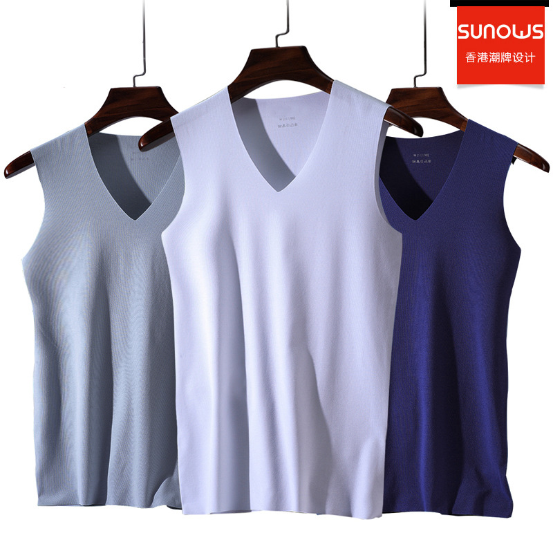 四季男士冰丝无痕背心宽肩V领修身型运动高弹力打底衫夏一件代发