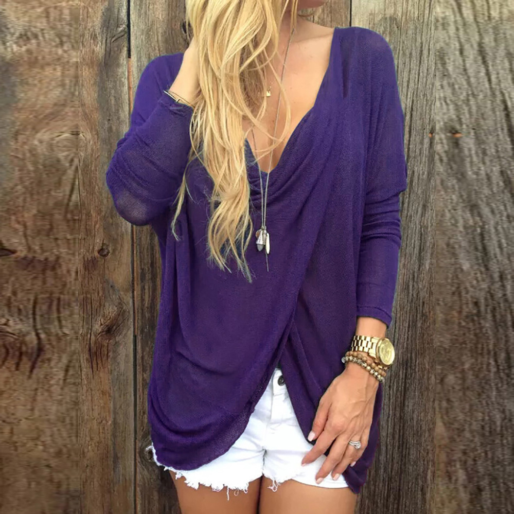 Womens Irregular Long Sleeve T Shirt Deep V Neck Cross Front Design Trendy Style Perfect for Casual Wear Wholesale