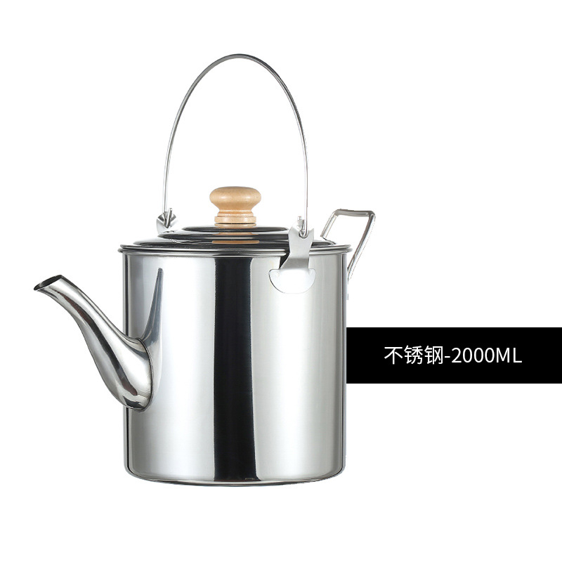 Bouilloire portable d'extérieur en acier inoxydable, grande capacité, avec poignée en bois, idéale pour le thé et le café, le camping et la cuisine._voghion.com