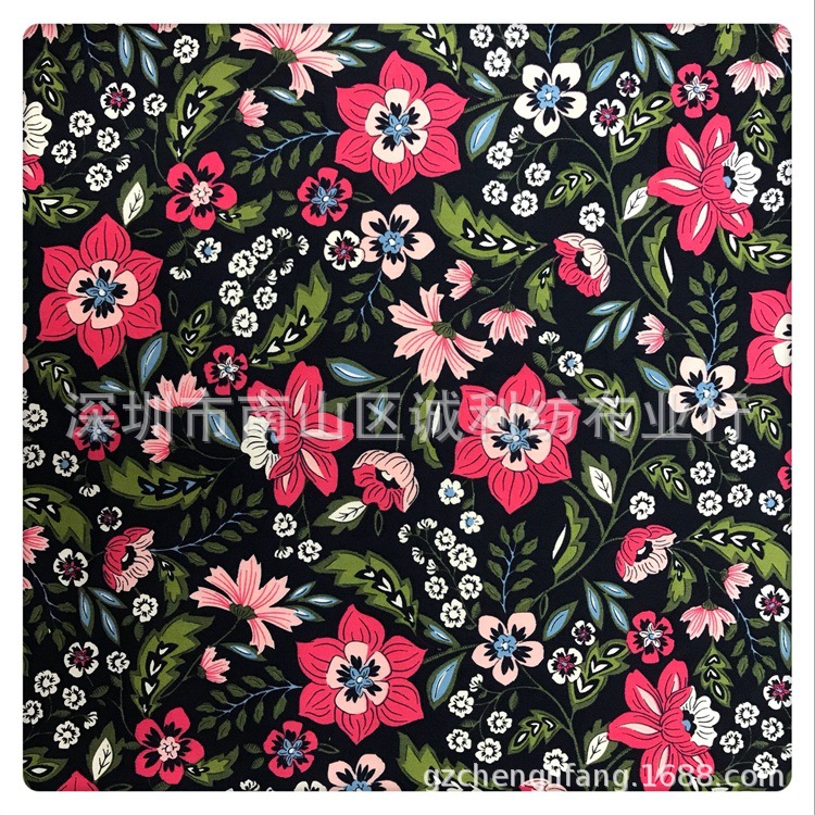 全棉印花布 柳枝花朵图案 女装连衣裙印花面料 春夏时装印花布料