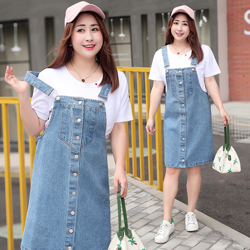 2018夏季大碼背帶裙 純色牛仔韓版大碼xxxxl連衣裙壹件代發k377