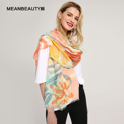 新款羊粘印花枫叶图案棉麻围巾纯色防晒围巾沙滩披肩厂家直销|ru