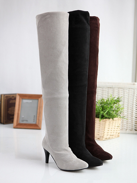 New Kind of Slender High-heeled Knee Boots， Elastic Velvet Knight Boots