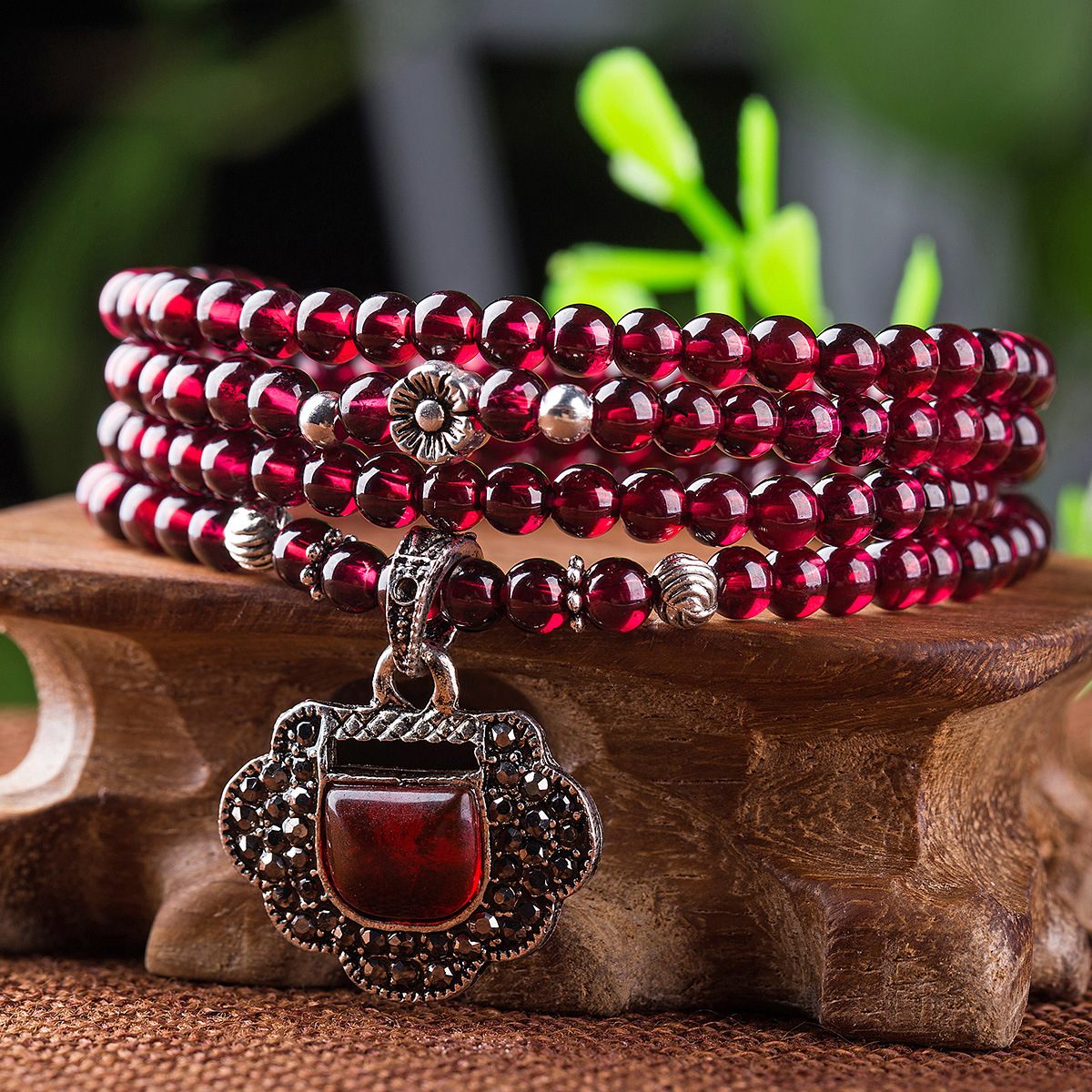 natural Red wine Garnet Bracelet collocation Red corundum Tibetan silver Longevity lock Pendant multi-storey Multi-turn Korean Edition Bracelet