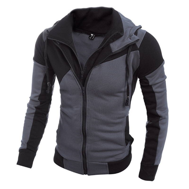 New Amazon Men's personalized color matching double-layer zipper hooded cardigan slim sweater New Amazon Men's personalized color matching double-layer zipper hooded cardigan slim sweater