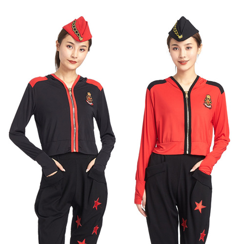 Spring new sailor dance short coat long-sleeved hooded square dance team performance clothing small cardigan anti-tank shirt