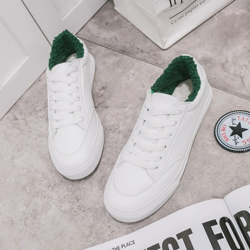 远波8923 冬季加绒小白鞋女百搭学生原宿韩版系带休闲平底鞋棉鞋