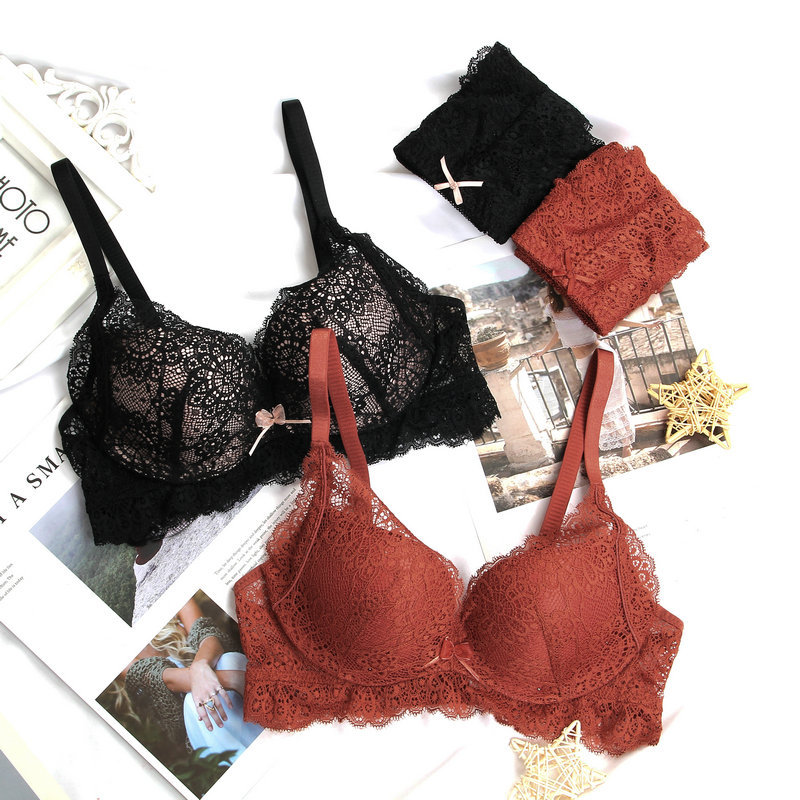 3285 # Vinifang New Sexy Lace Embroidery No Steel Ring Comfortable Gathering Underwear Bra Set_voghion.com