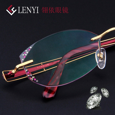 高档镶钻手工订制时尚无框钻石切边眼镜女士优雅气质成品眼镜