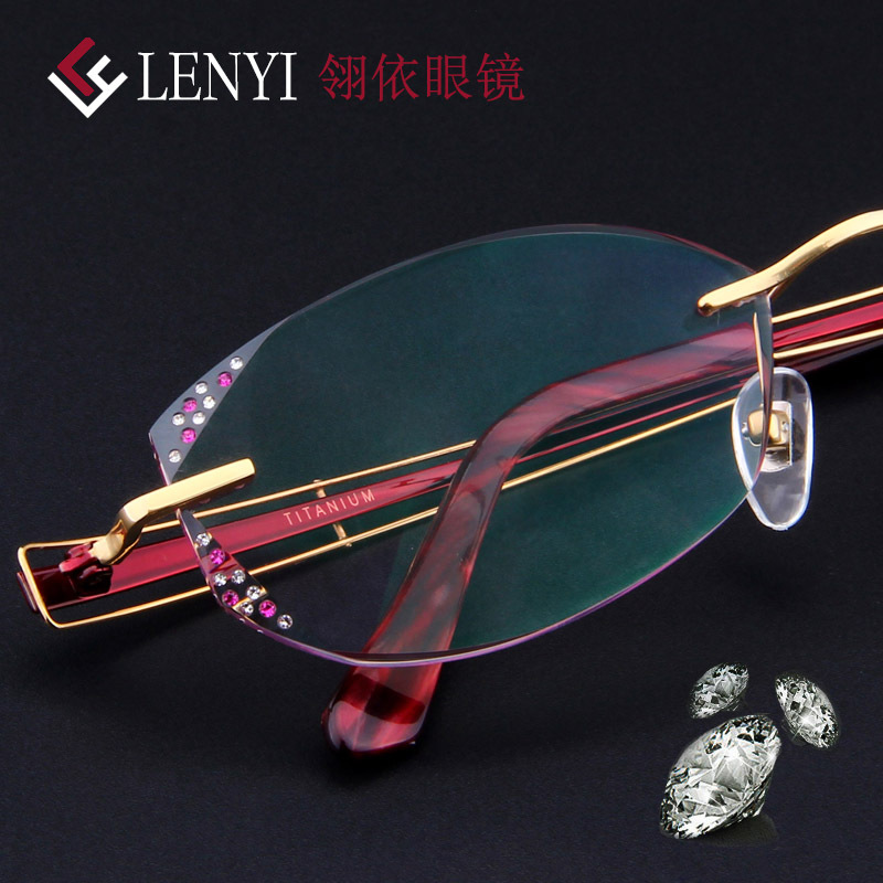 高档镶钻手工订制时尚无框钻石切边眼镜女士优雅气质成品眼镜