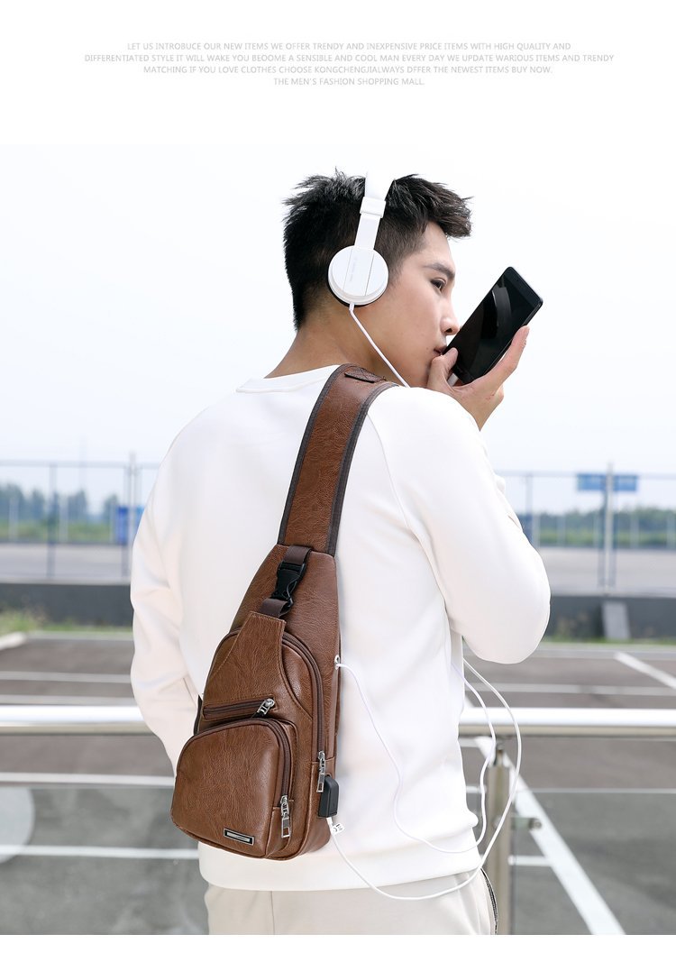 Cross -border explosion USB men's chest bag portable charging casual mesengers outdoor sports PU chest bag