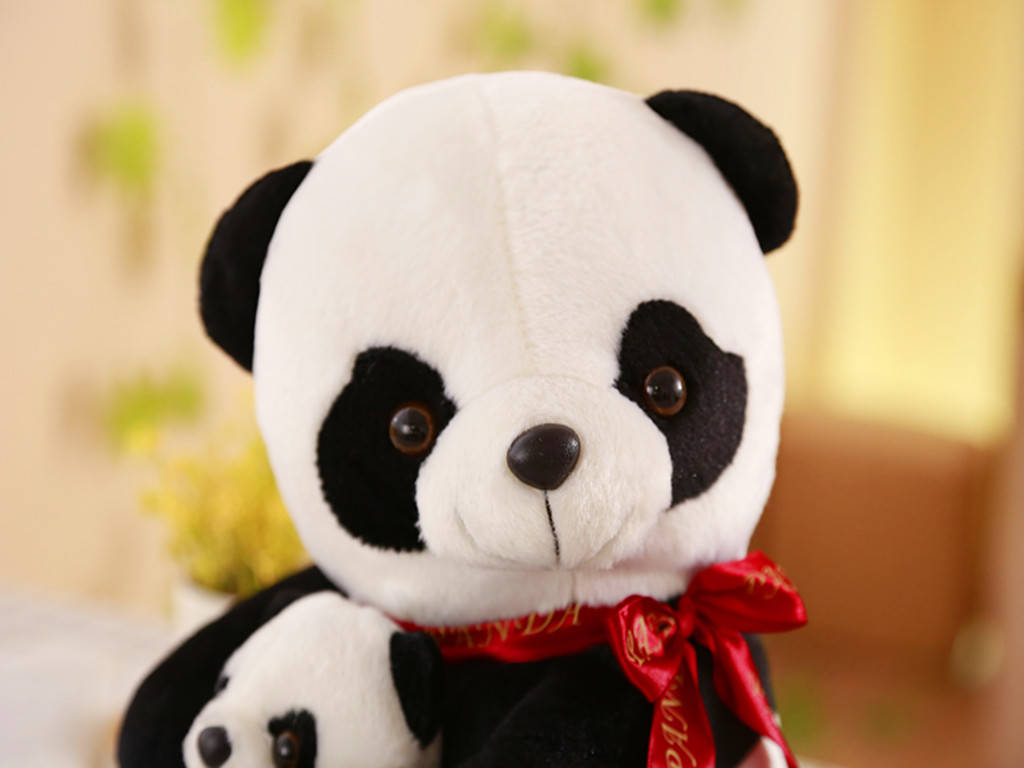 毛绒玩具熊猫公仔,熊猫抱抱熊,丝带亲子熊猫