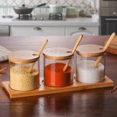 Manufacturer produces and wholesales glass seasoning bottles kitchen supplies seasoning jars glass seasoning box set with wooden spoon