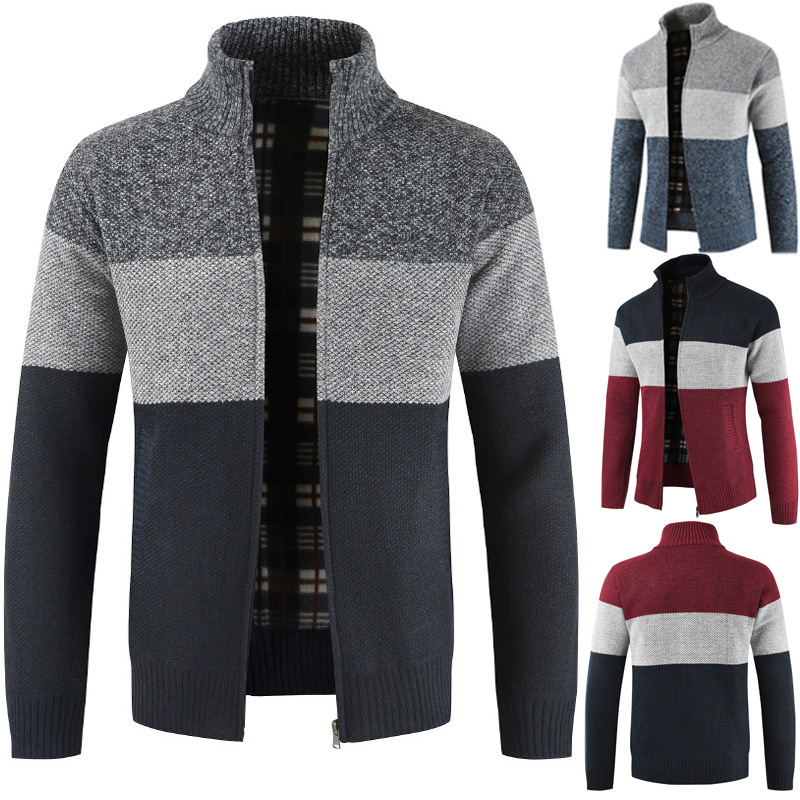 Fast selling men's autumn and winter new men's stand collar color blocked sweater cardigan coat men's large Korean knitwear