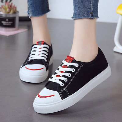 秋季新款笑臉帆布鞋女韓版平底百搭休閑鞋學生小白鞋低幫系帶板鞋