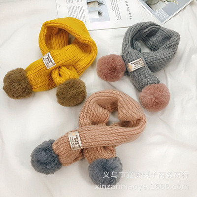 韩国儿童纯色毛球贴标交叉毛线围巾 秋冬百搭男女童柔软保暖围脖|ru