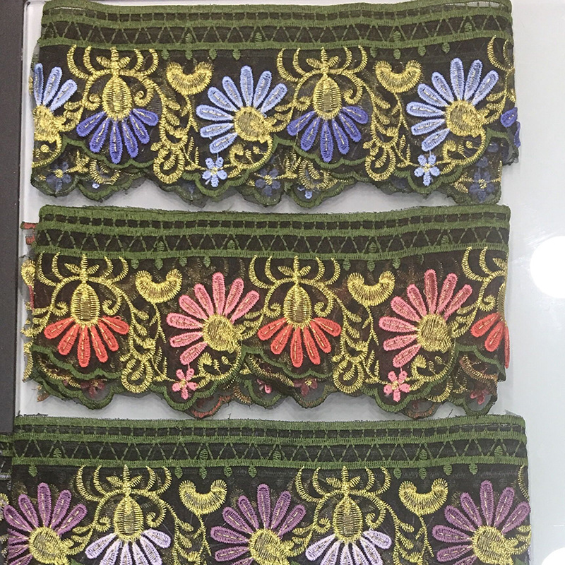 民族服饰金线四色立体浮花精致彩色刺绣条码水溶花边