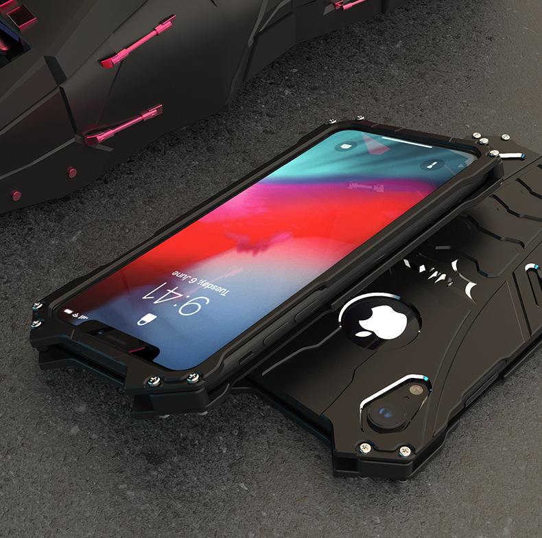 R-Just Batman Shockproof Aluminum Shell Metal Case with Custom Batarang Stent for Apple iPhone XS Max & iPhone XR & iPhone XS