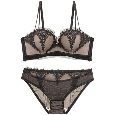 秋冬新款红色本命年性感内衣女蕾丝网纱无钢圈聚拢上托套装女批发