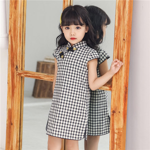 kids red white black plaid chinese dresses cheongsam qipao for girls little girl princess dress stretch cotton grid mode show photos shooting performance dress