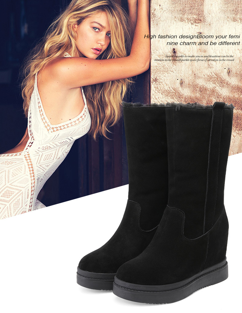 Boot nữ cổ thấp tăng chiều cao đế xuồng phong cách Hàn Quốc — Màu xám với fleece chi tiết 1