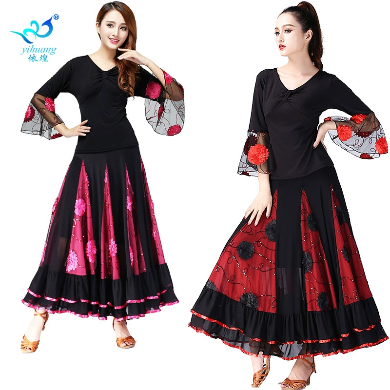 Платье для бальных танцев Современное танцевальное сценическое платье для соревнований Вальс с рукавами трубы Половинная большая юбка-качели Тренировочный костюм