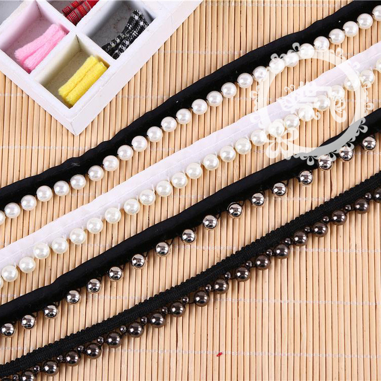 高档手工钉珠珍珠PVC双珠植绒带织带花边颈链手链辅料花边现货