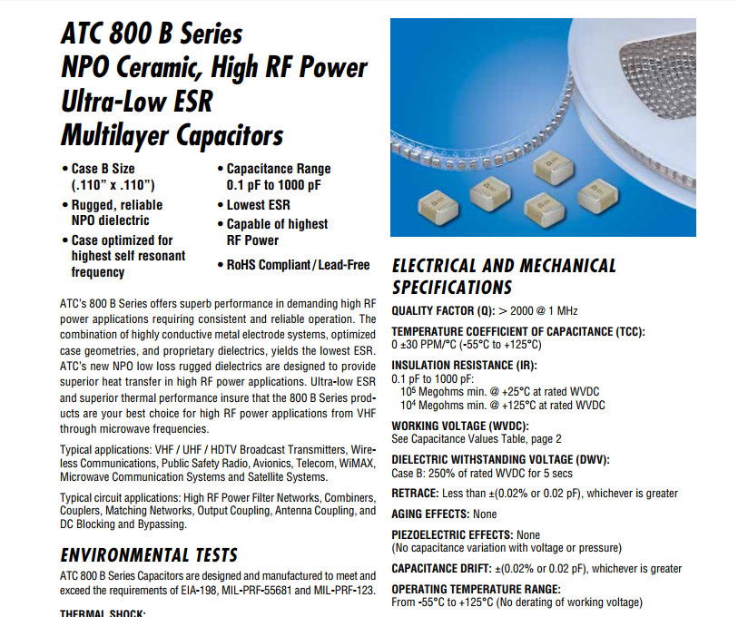 现货ATC/800B100FT500XT电容RF 10PF ±1% 500V NP0 1111原装正品