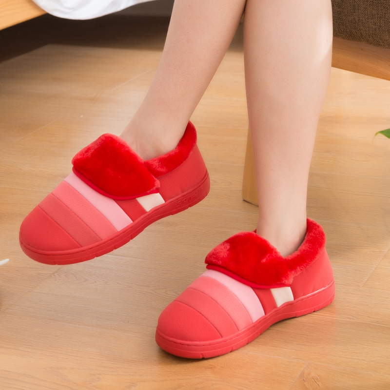 【源头工厂好货】秋冬季日式家居拖鞋皮面防水防滑毛绒情侣棉拖鞋|ru