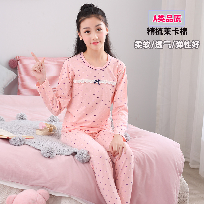 Clase A calidad delgada de la muchacha ropa interior conjunto medio y grande niños niñas lycra algodón otoño ropa pantalones largos conjunto algodón peinado