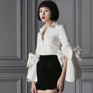 New Five-minute Sleeve Tie Butterfly Knot Turn-collar White Shirt 