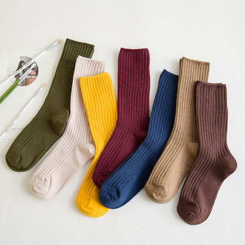 Japanese solid color women's cotton socks mid-calf double-needle striped pile socks winter socks women's Zhuji street stall women's socks wholesale
